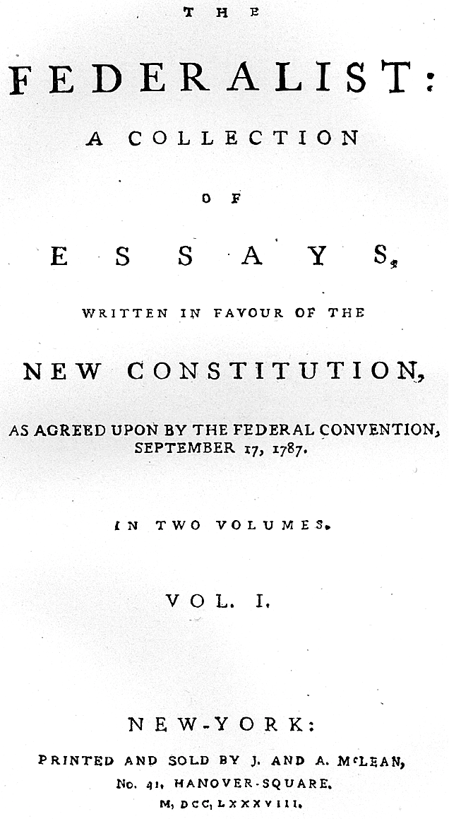 Title page of the first volume of The Federalist, published in 1788