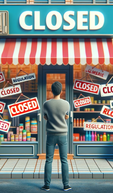 DALL·E 2023 12 18 13.30.06 A perplexed consumer standing in front of a store with multiple signs displaying 'Closed' and 'Regulation'. The store represents a variety of consumer